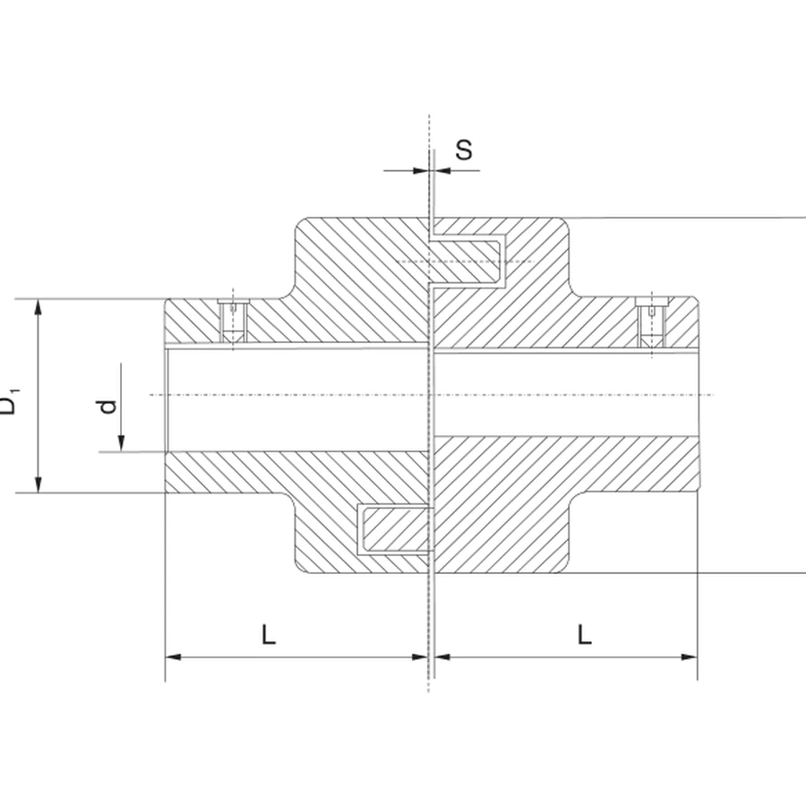 Complete sectional drawing of an NM rubber coupling with two hubs and flexible element